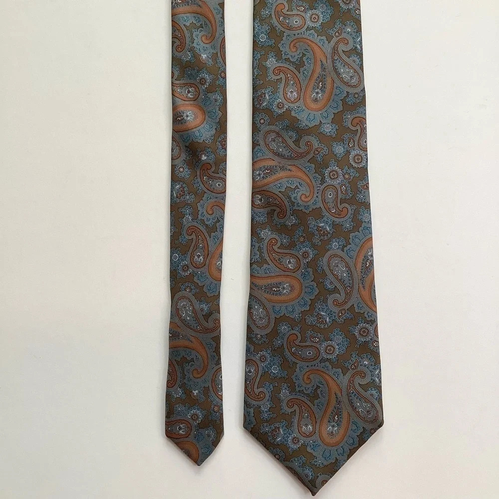 Mr Big 'n Tall Long Woven Silk Tie Brown Orange Slate Blue Paisley 63" - Picture 5 of 11
